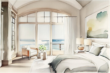 Coastal bedroom interior mockup, watercolor, social media post