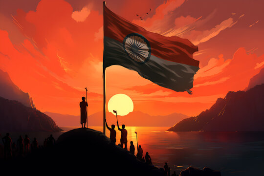 Sunrise or Sunset: Indian Flag and Birds Soar High in Sky. Perfect for India's Independence Day or Republic Day Celebrations.