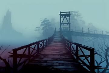 Generative AI.
anime style horror background, foggy old bridge