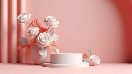 Podium with pink roses on pastel pink background to display products, gift or cosmetics. Generative AI