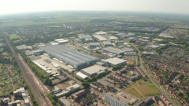 circling aerial shot over Basingstoke warehouse district