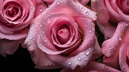 Pink Roses flowers with water drops background. Closeup of blossom with glistening droplets. Generative AI