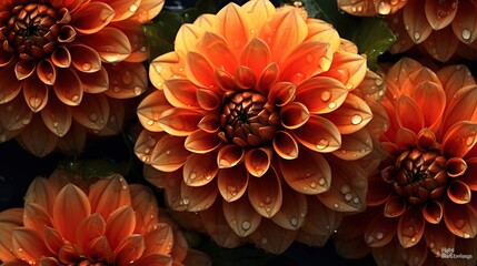 Orange Dahlia flowers with water drops background. Closeup of delicate blossom with glistening droplets. Generative AI