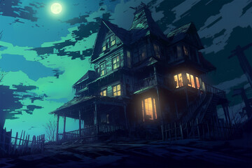 Fototapeta na wymiar Generative AI. anime style horror background, old witch house