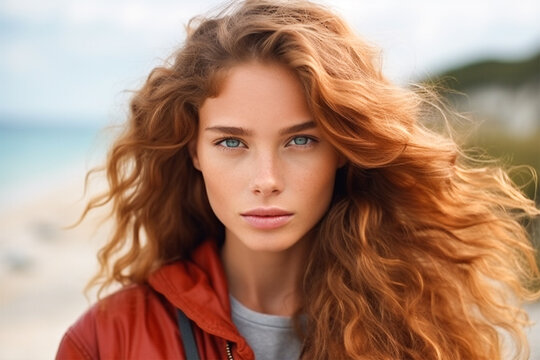 portrait of a young woman with curly hair against the backdrop of the sea. Sea and travel, hair care. Social networks for beauty salons. Generative AI