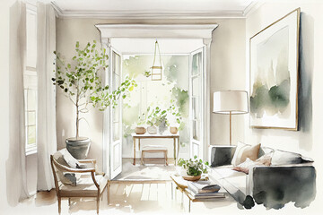 Neutral interior watercolor mockup, social media post