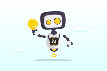 Smart robot with AI chip thinking about new light bulb idea , AI artificial intelligence technology to think and advice new idea, machine learning chatbot to support, innovation or automation (Vector)