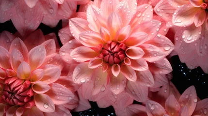 Foto op Plexiglas Pink Dahlia flowers with water drops background. Closeup of delicate blossom with glistening droplets. Generative AI © AngrySun