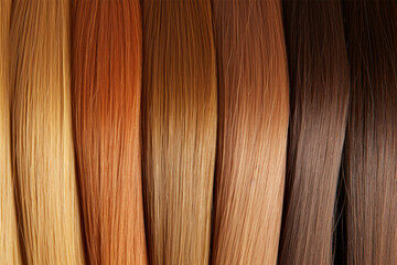 Naklejka premium Samples of color and quality of natural hair for hair extensions or making wigs. Hair extensions and styling. Social media content for beauty salons. palette of color shades.Generative AI