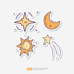 Obraz premium space galaxy star, half moon, Sun explosion, shooting star Doodle Sticker Icon Set. Space Adventure and Cosmos Vector illustration