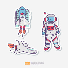 Naklejka premium Astronaut and Space Shuttle Rocket Doodle Sticker Icon Set. Space Adventure and Cosmos Vector illustration