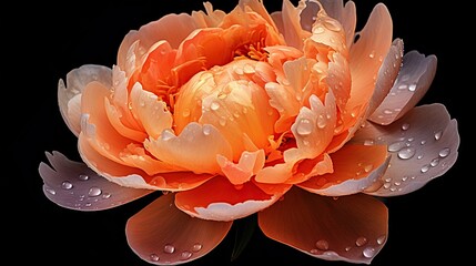 Orange Peony flowers with water drops background. Closeup of blossom with glistening droplets. Generative AI