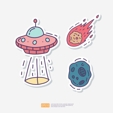 UFO Space Ship, Flying Fire Meteor, asteroid meteor Doodle Sticker Icon Set. Space Adventure and Cosmos Vector illustration
