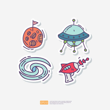 asteroid meteor, UFO Space Ship, cosmic space, Alien Space Gun Doodle Sticker Icon Set. Space Adventure and Cosmos Vector illustration