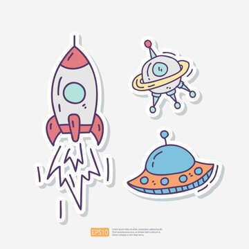 Rocket ship Vector and UFO Space Ship Doodle Sticker Icon Set. Space Adventure and Cosmos Vector illustration
