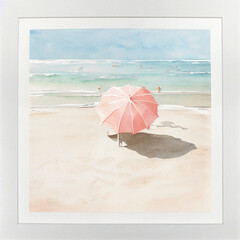 pink umbrella on the beach, watercolor social media post