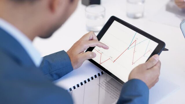 Hands on tablet, chart and businessman in meeting with data analysis for financial, growth and statistic on investment. Graph, profit and management of wealth in business or trading in stock market