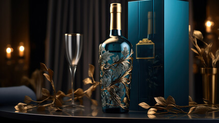 Premium whiskey bottle and packaging mockup. Strong alcohol drink stand on background with glass and decorative elements. Beverage product marketing advertisement poster, Ads promo. Generative AI