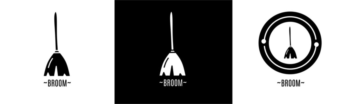 Broom logo set. Collection of black and white logos. Stock vector.