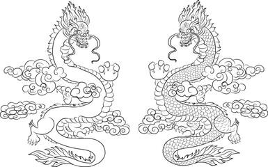 Japanese red dragon tattoo.Dragon on red background for Chinese New Year.Gold Chinese Dragon vector.Gold line art King Dragon tattoo.cartoon vector for t-shirt.