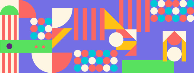 Abstract geometric backgrounds set isolated over white, vector design elements in retro style of the 70s, modern modular compositions with colorful geometrical shapes.