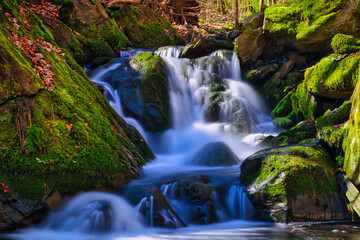 waterfall in the forest - Beautiful - Green - Cascade - Wallpaper - Background - Colorful - Lush - Rocks - Flowing - Water - Smooth - Scenic - Autumn - Woods	