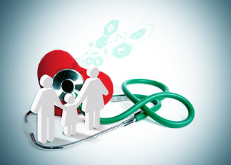 Green stethoscope in doctor hand and red heart