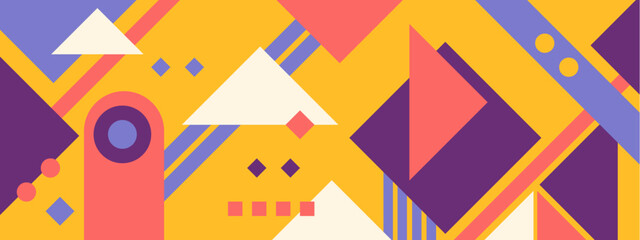 Colorful geometric mosaic seamless pattern illustration with creative abstract shapes. Modern Scandinavian style background print. Trendy bright symbols and minimalist geometric collage.