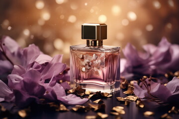 packaging of luxury aroma perfume, decorations, product concept with flower background