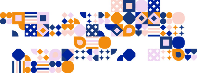 Fototapeta premium Geometric mosaic, Bauhaus pattern. Modern geometry figure, shape. Bauhaus. Geometric mosaic. Minimal mural texture. Scandinavian. Geometric mosaic print. 50s, 60s, retro wallpaper. Vector illustration
