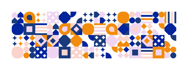 Colorful geometric mosaic seamless pattern illustration with creative abstract shapes. Modern Scandinavian style background print. Trendy bright minimalist shape, texture, geometric collage.