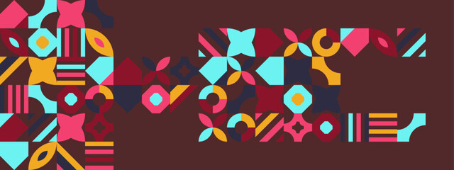 Fototapeta na wymiar Colorful geometric mosaic seamless pattern illustration with creative abstract shapes. Modern Scandinavian style background print. Trendy bright minimalist shape, texture, geometric collage.
