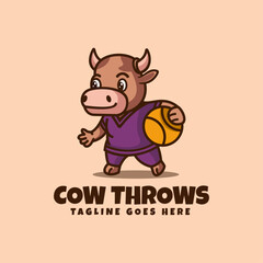 Vector Logo Illustration Cow Throws Mascot Cartoon Style.