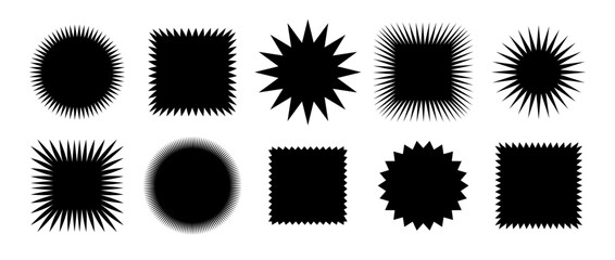 Zig zag edge square and circle shapes collection. Jagged patches set. Black graphic design elements for decoration, banner, poster, template, sticker, badge, collage. Vector
