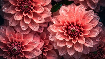 Pink Dahlia flowers with water drops background. Closeup of delicate blossom with glistening droplets. Generative AI