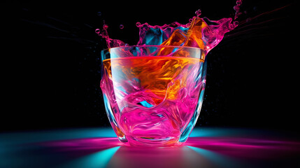 Glass of cocktail in hypnotic neon light. Colorful rave party drink. Generative AI