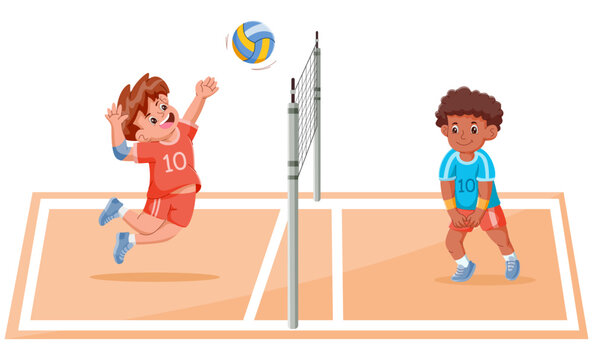 Cartoon Kids Playing Volleyball in the field. Vector illustration