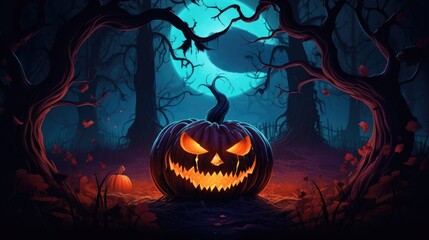 A funny pumpkin sitting in the woods with a scary smile, in the style of nightmarish halloween illustrations. AI generative.
