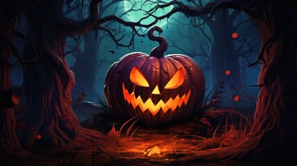 A funny pumpkin sitting in the woods with a scary smile, in the style of nightmarish halloween illustrations. AI generative.