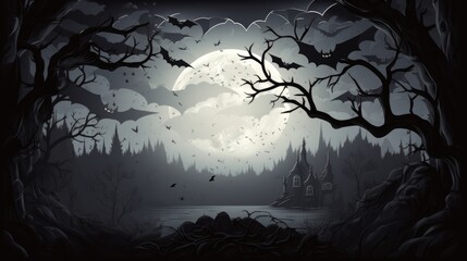 A cemetery landscape with bats and skeletons, in the style of cartoonish halloween character design. AI generative.