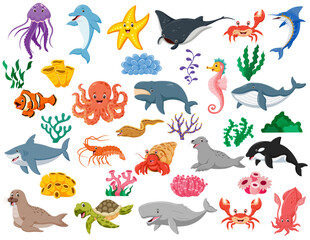 Naklejka premium Fish and wild marine animals are isolated on white background. Inhabitants of the sea world, cute, funny underwater creatures dolphin, shark, ocean crabs, sea turtle, shrimp. Vector illustration