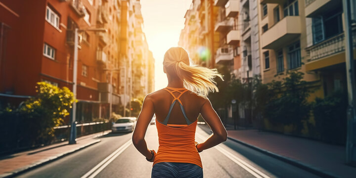 Woman running on city street. Urban workout. Generative AI