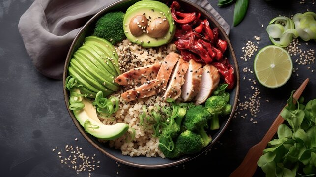 Healthy buddha bowl lunch with grilled chicken, quinoa, spinach, avocado, brussels sprouts, broccoli, red beans with sesame seeds. Top view