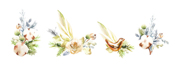 Obraz premium A set of bouquets of fir branches, glass Christmas toys and flowers on a transparent background. Hand drawn watercolor.
