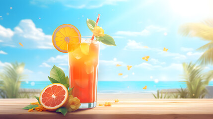 Refreshing summer drink with fruits  with ice and mint on a wooden table on the background of the sea and palm trees.