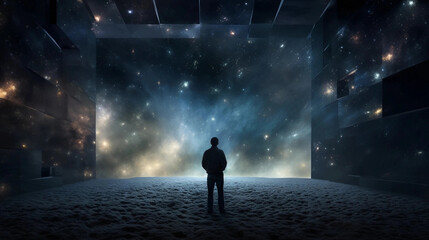 A Man Viewing the Cosmos From Within a Mirrored Room Generative AI