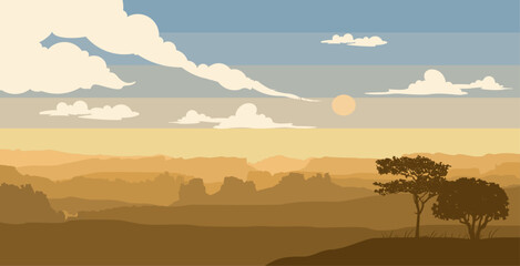 landscape illustration with beautiful rocks and trees with sunset 