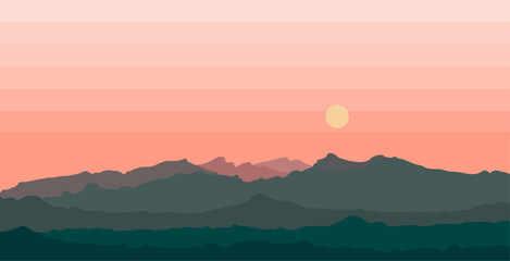 Vector landscape with beautiful silhouette of mountains, with sunrise or sunset sky and lens flare