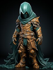 A rpg game avatar, an agressive hero with a sword and a helmet, realistic lighting and shading, detailed renderings, close up view, black background, dress green, cartoon style