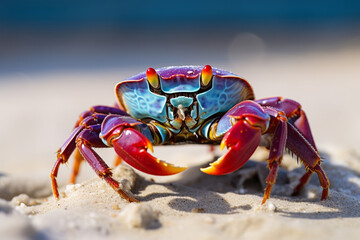 Colorful crab on the beach, sunny day light, generative AI.